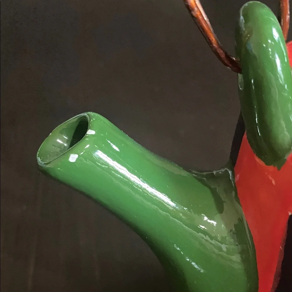 Whimsical Red and Green Ceramic Handpainted Teapot with Bamboo Handle.